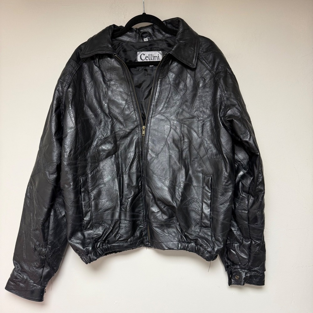 Mens Cellini Leather Collection Black Patchwork Bomber Jacket Size L